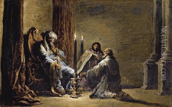 The Scribe Shaphan Reading The Book Of Law To King Josiah Oil Painting - Leonard Bramer