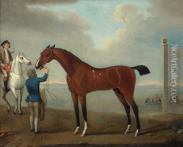 The Racehorse 'flying Childers' With Groom And Rider, A View Of Newmarket Beyond Oil Painting - James Seymour And Thomas Spencer