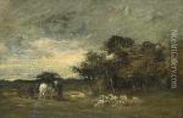 A Windy Landscape With Two Horses, A Figure, A Plow And A Flock Of Sheep Oil Painting - Charles Emile Jacque