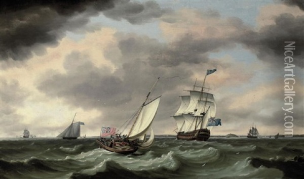 An Outward-bound 74 Carrying An Admiral Of The Blue Beating Down The Channel Past Falmouth Bay On A Blustery Day, With A Naval Cutter Approaching The Man-o'war's Stern Quarter Oil Painting - Francis Holman