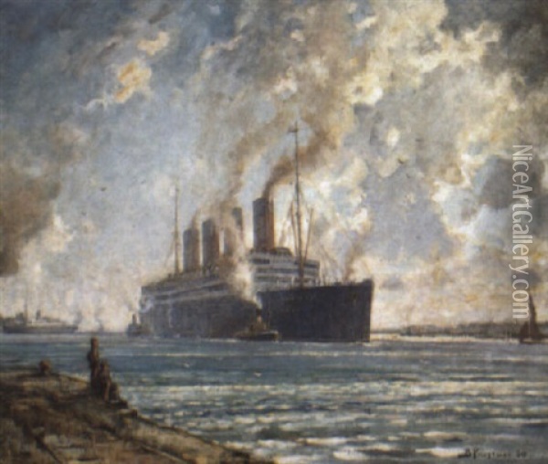 The Aquitania Coming Up Southampton Water Oil Painting - Bertram Priestman