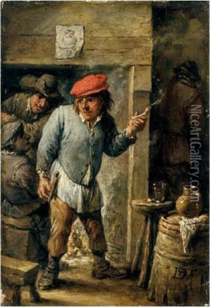 A Tavern Interior With A Man Smoking A Pipe Before A Fire Oil Painting - David The Younger Teniers