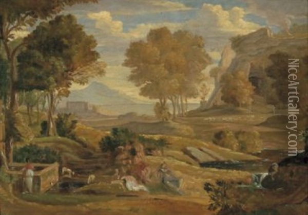 Sudliche Landschaft Mit Rastenden An Einem Brunnen Oil Painting - Johann Wilhelm Schirmer