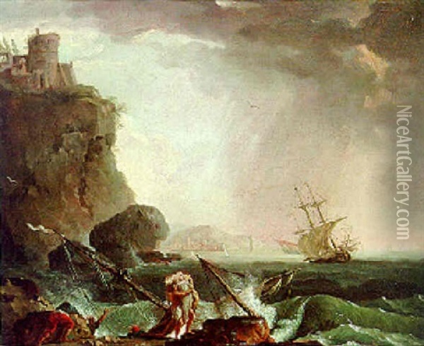 Survivors From A Shipwreck On A Rocky Coastline In A Storm Oil Painting - Charles Francois Lacroix