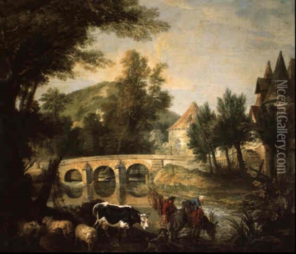 Paysage Au Pont De Pierre Et Au Moulin Oil Painting - Jean-Baptiste Oudry
