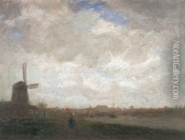 Fluslandschaft Mit Windmuhle Oil Painting - Jacob Henricus Maris
