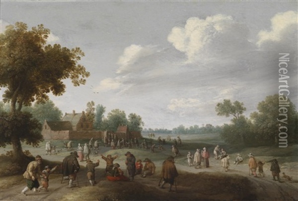 Landschaft Mit Zahlreichen Personen Vor Einem Bauernhof Oil Painting - Joost Cornelisz. Droochsloot