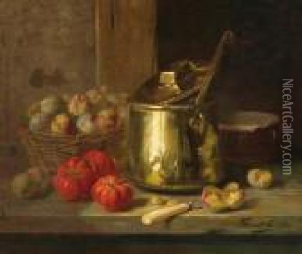 Still Life With Plums, Tomatoes And Brass Pot Oil Painting - Alphonse de Neuville