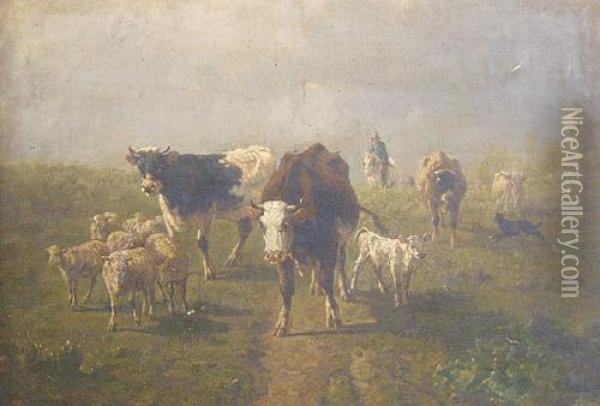 Cattle And Sheep On A Pathway With Drover Beyond Oil Painting - Marie Dieterle