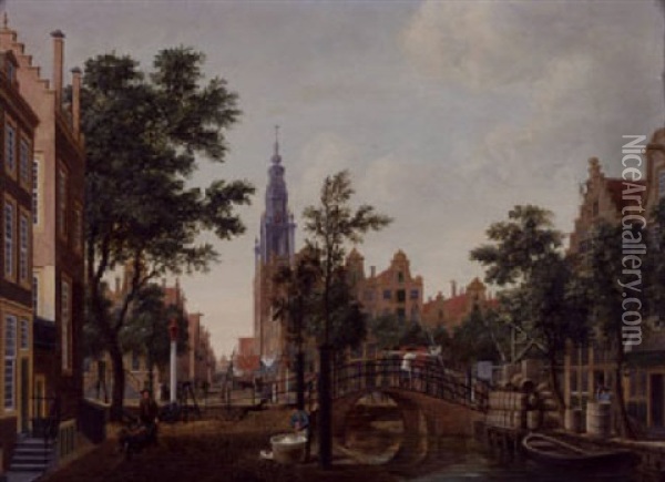 View Of The Groeburgwal, Amsterdam, With The Zuiderkerk In The Distance Oil Painting - Hermanus Peter Schouten
