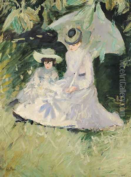 Madame Helleu and her Daughter at the Chateau of Boudran Oil Painting - Paul Cesar Helleu