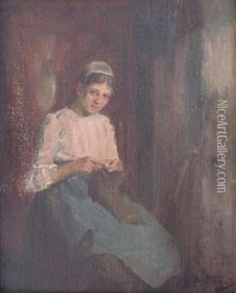 Nina Tejiendo Oil Painting - Manuel Barthold
