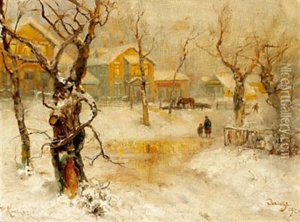 Street Scene From A Suburb Of St. Petersburg In The Pale Evening Sun Oil Painting - Yuliy Yulevich (Julius) Klever