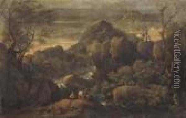 Due Figure Nei Pressi Di Un Torrente In Un Paesaggio Roccioso Oil Painting - Gaspard Dughet Poussin