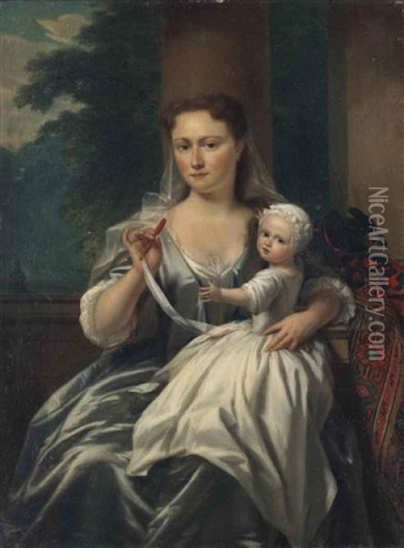 Portrait Of A Lady And Her Child, Three-quarter-length, In A Grey Dress, A Landscape Beyond Oil Painting - Philip van Dyk