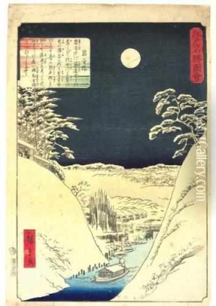 Le Pont Shohei Sur La Kanda Sous La Neige, De Nuit. Oil Painting - Chimpei Ii Hiroshigesuzuki