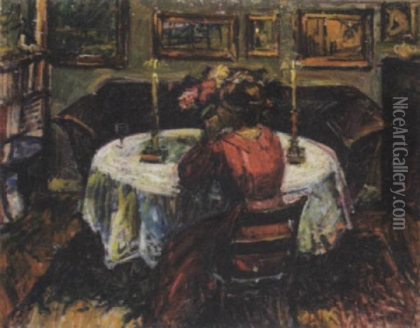 Interior Med Kvinde Ved Bord Oil Painting - Mogens Gad