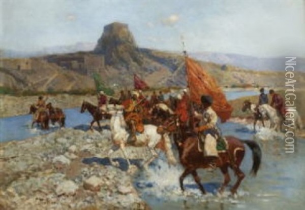 Tscherkessen Beim Uberqueren Eines Flusses Im Kaukasus Oil Painting - Franz Roubaud