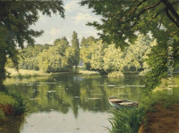 A Boat Moored On A Tranquil Lake Oil Painting - Henri Biva