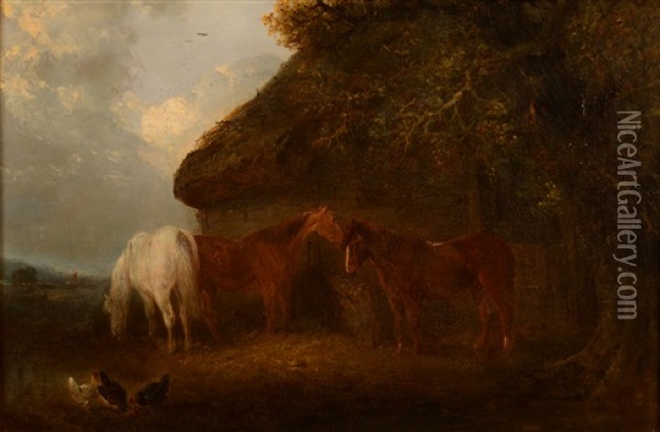 Ponies Before A Barn Oil Painting - Edward Robert Smythe