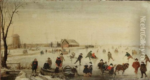 A Winter Landscape With Skaters On A Frozen River, A Windmill And Other Buildings Beyond Oil Painting - Hendrick Avercamp
