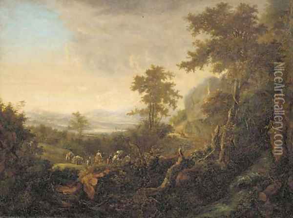 An extensive river landscape with travellers on a hillside path Oil Painting - Jan Both