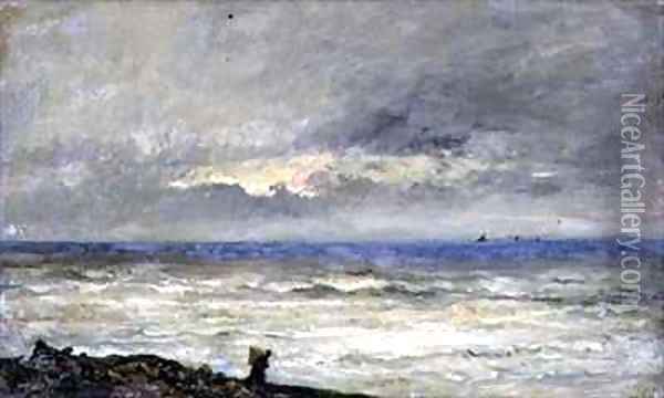 Seascape at Sunset with a Figure on the Shore Oil Painting - Karl Pierre Daubigny