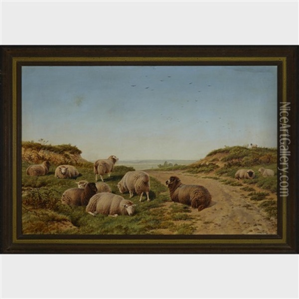 Sheep Grazing On The Coast Oil Painting - Charles Jones