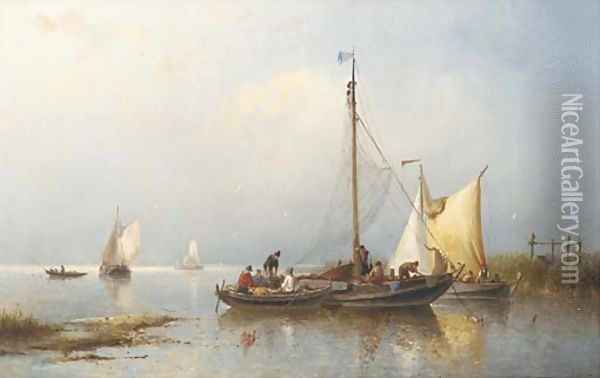 A calm fishermen inspecting their catch Oil Painting - Nicolaas Riegen