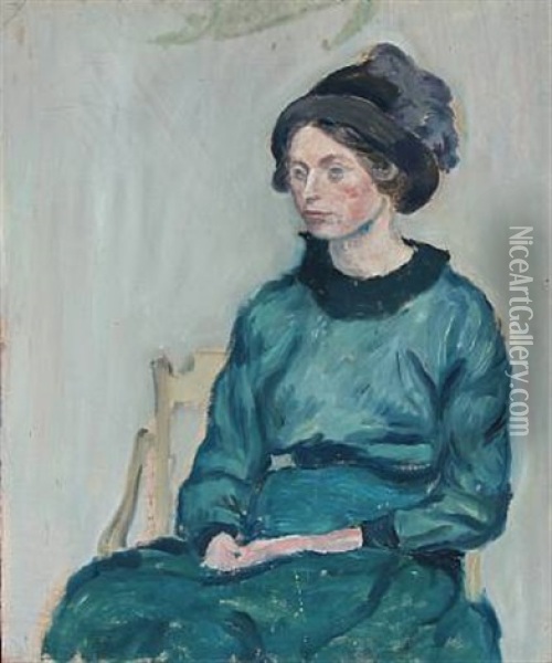 Ung Dame I Gron Kjole (portrait Of Else Sandholt) Oil Painting - Harald Giersing