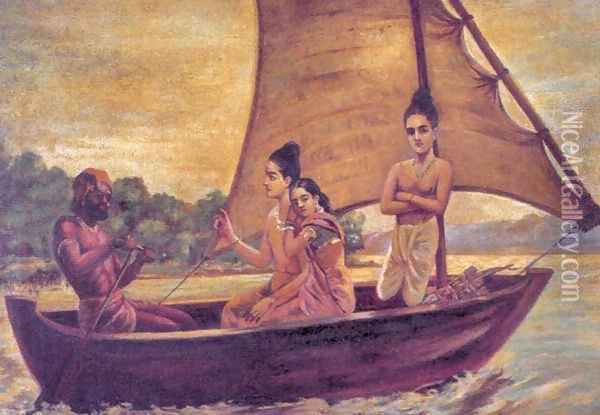 Sreerama Crossing Sarayu River Oil Painting - Raja Ravi Varma