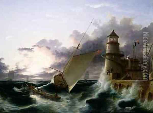Boat by a Lighthouse a Squall Going Off Oil Painting - Francis Danby