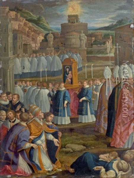 La Procession De Saint Gregoire Le Grand; Le Miracle De La Neige (2 Works) Oil Painting - Federico Zuccaro