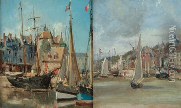 Vue D'honfleur (+ Another Similar; 2 Works) Oil Painting - Edme-Emile Laborne