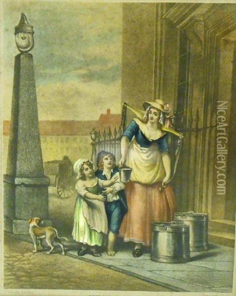 Lady Milk Seller With Two 
Children On A Street, And A Gentleman With A Wheelbarrow Selling Items 
To Two Children And A Lady Upon A Street Oil Painting - Francis Wheatley