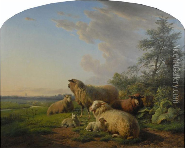 Sheep In Pastoral Landscape At Sunset Oil Painting - Frans Lebret