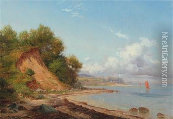 Coastal Scenery With Sailing Boat At Sea Oil Painting - Nordahl (Peter Frederik N.) Grove