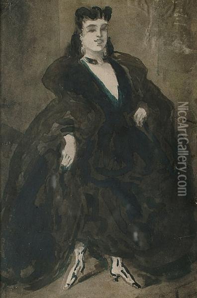 Portrait Of A Lady In A Black Dress Oil Painting - Constantin Guys