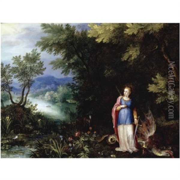 Saint Margaret And The Dragon In An Extensive River Landscape Oil Painting - Jan Brueghel the Elder