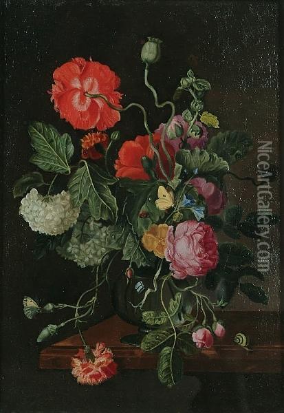 Still Life Of Flowers With Butterflies, A Ladybird And A Snail Oil Painting - Jan van Os