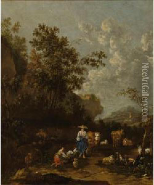 Sold By The J. Paul Getty Museum To Benefit Future Painting Acquisitions
 

 
 
 

 
 A Wooded Italianate Landscape With Shepherds, A Shepherdess Milking A Goat, Surrounded By Their Herd Of Cows, Shee Oil Painting - Rembrandt Van Rijn