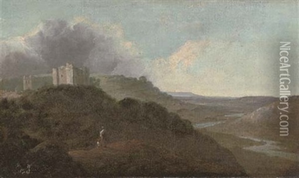 A Mountainous Wooded River Landscape With Figures In The Foreground And A Castle, (st. Briavels ?) On The Wye Oil Painting - Thomas Jones