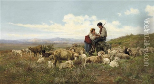 Junges Hirtenpaar Mit Ihren Schafen In Der Romischen Campagna Oil Painting - Pietro Barucci