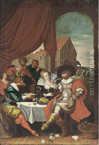 An Elegant Company Smoking And 
Listening To Music Around A Table, With A Scene Of The Prodigal Son In 
The Background Oil Painting - Frans II Francken