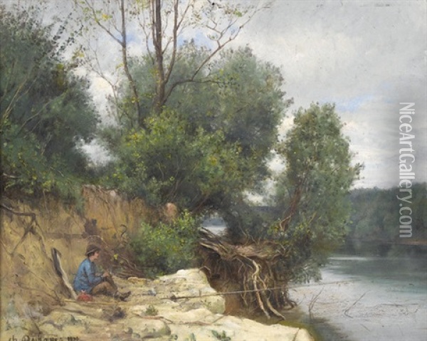 Flussuferpartie Mit Angler Oil Painting - Charles Felix Edouard Deshayes