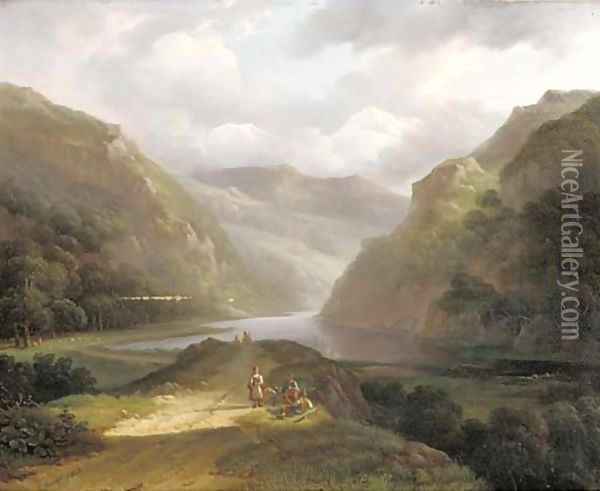 A mountain landscape with countrymen taking a break Oil Painting - Louis Meijer