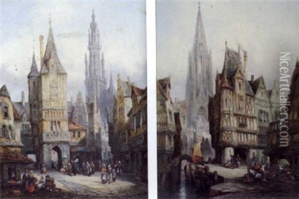 Views Of Antwerp And Freiburg (a Pair) Oil Painting - Henry Schafer
