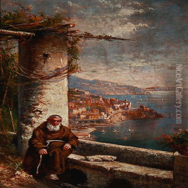 View Over Amalfi With A Monk In A Loggia Oil Painting - Consalvo Carelli