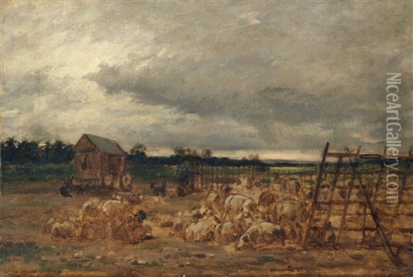 Landschaft Bei Barbizon Mit Lagernder Schafherde Und Einem Schaferkarren Oil Painting - Charles Emile Jacque