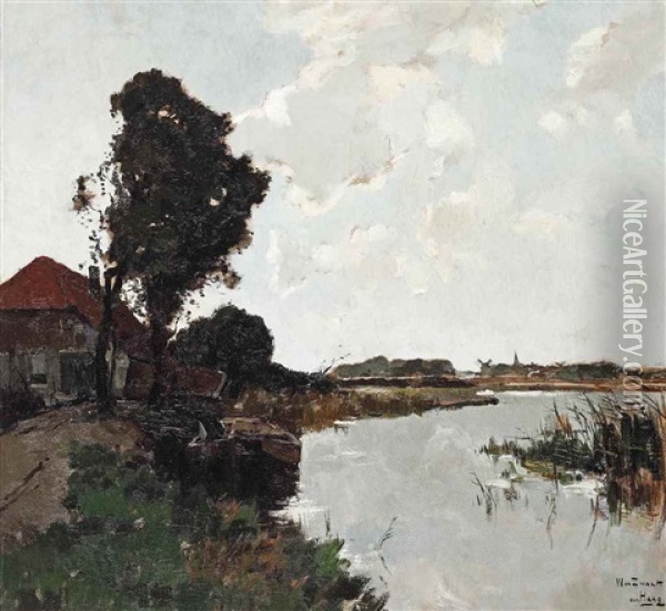 Moored Rowingboat Near A Farmhouse, The Hague Oil Painting - Willem de Zwart